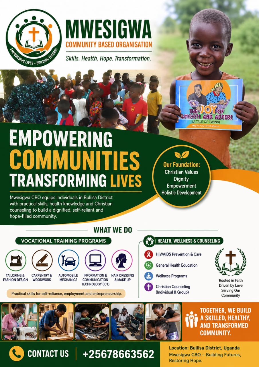Mwesigwa CBO organisation overview graphic showing its values and programmes